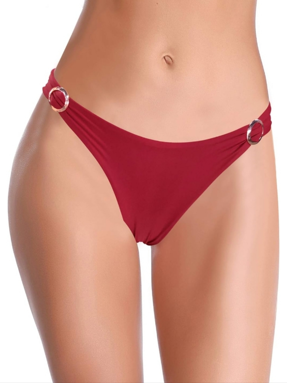SHEKINI Cherry Red Gold Metal Ring Bikini Bottom Swimsuit Narrow Cut Swimwear